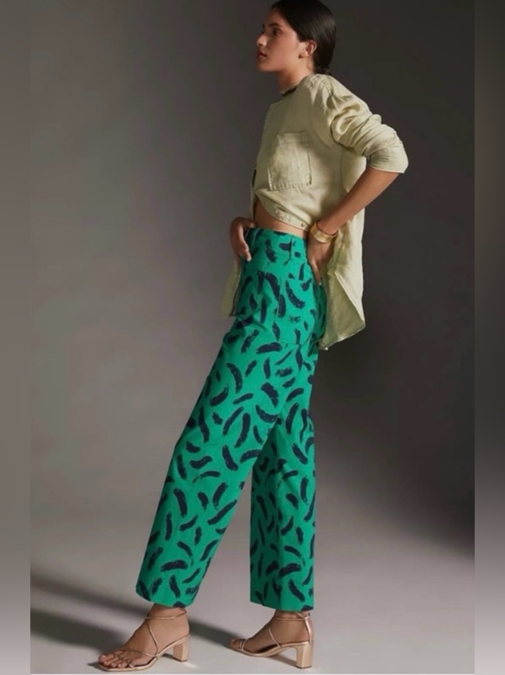 MAEVE The Colette Wide-Leg Crop Pants Green Blue Brush Stroke Print 31 - Picture 12 of 12